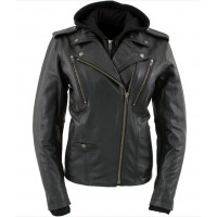 AI-77002 Ladies Black Leather Jacket with Hoodie