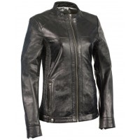 AI-77004 Black Women's Zip Front Leather Jacket with Side Stretch Fitting