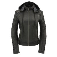 AI-77005 Women's Black Hooded Scuba Leather Jacket