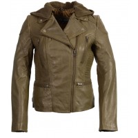 AI-77006 Ladies 'Hooded' Olive Leather Jacket with Asymmetrical Zipper