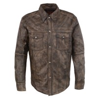 AI-90003 Men's 'Button Down' Distressed Brown Leather Shirt