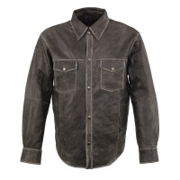 AI-90005 Men's 'Button Down' Distressed Grey Lightweight Leather Shirt